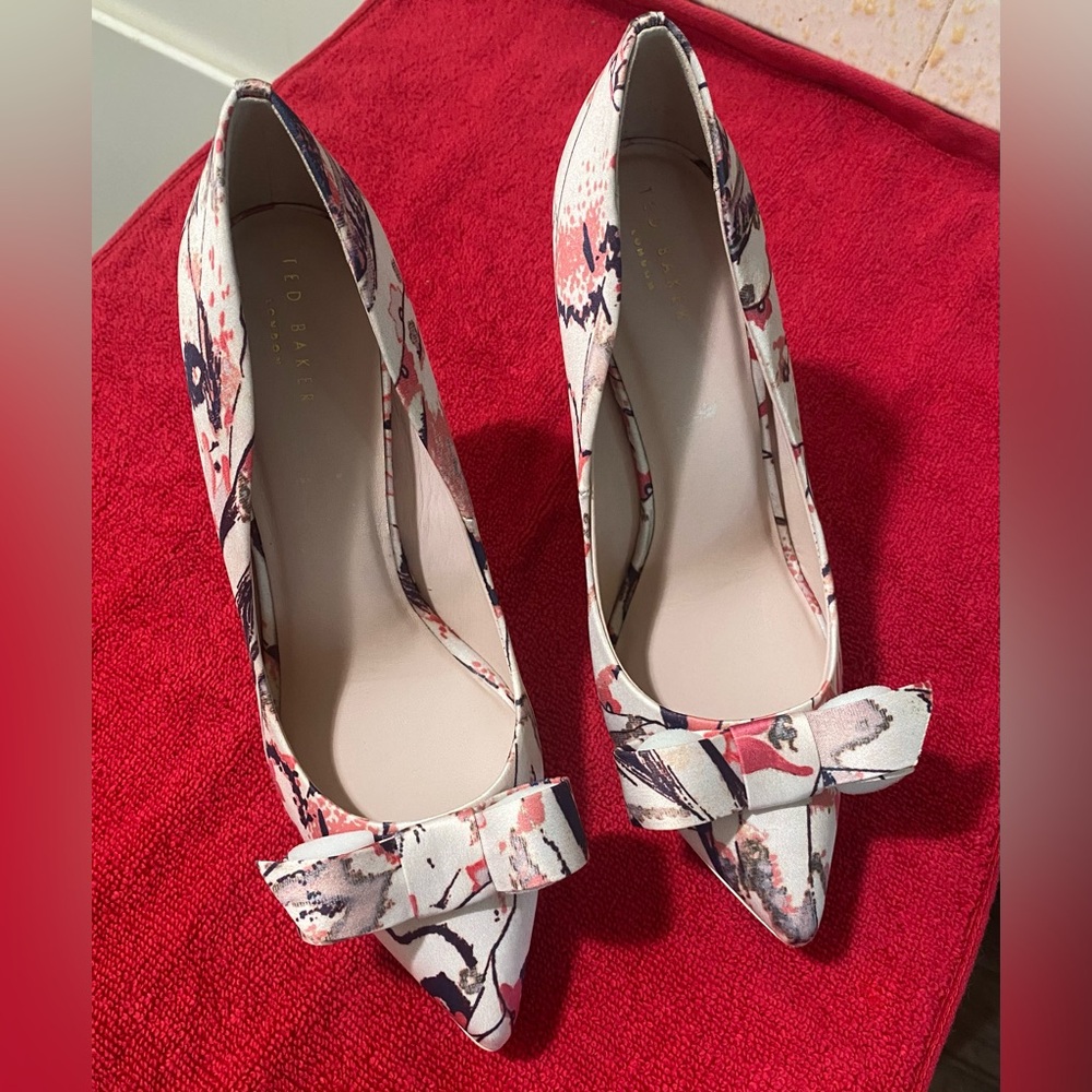 Ted Baker London Floral Pointed-Toe Bow Heels in White, Pink, Blue